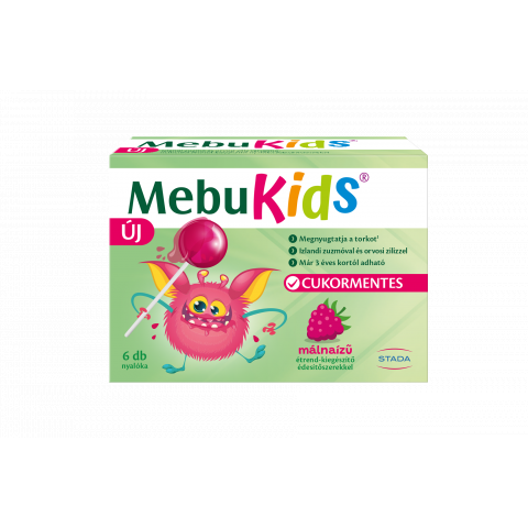 MEBUKIDS izlandi zuzmó és orvosi ziliz tartalmú, málnaízű étrend-kiegészítő nyalóka édesítőszerekkel 6db