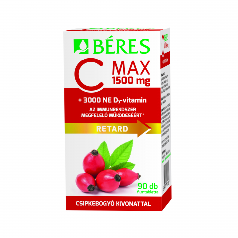 BÉRES C MAX 1500mg RETARD FILMTABLETTA CSIPKEBOGYÓ KIVONATTAL + 3000NE D3-VITAMIN 90db